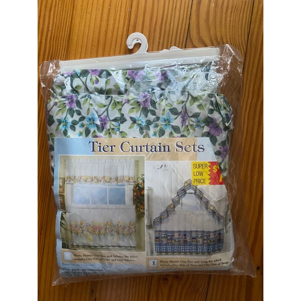 VTG 80's CWF Floral Tier and Swag Curtain Set Purple 60x36 Kitchen Deadstock new
